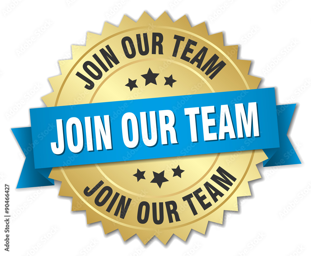 join our team 3d gold badge with blue ribbon join our team 3d gold badge with blue ribbon