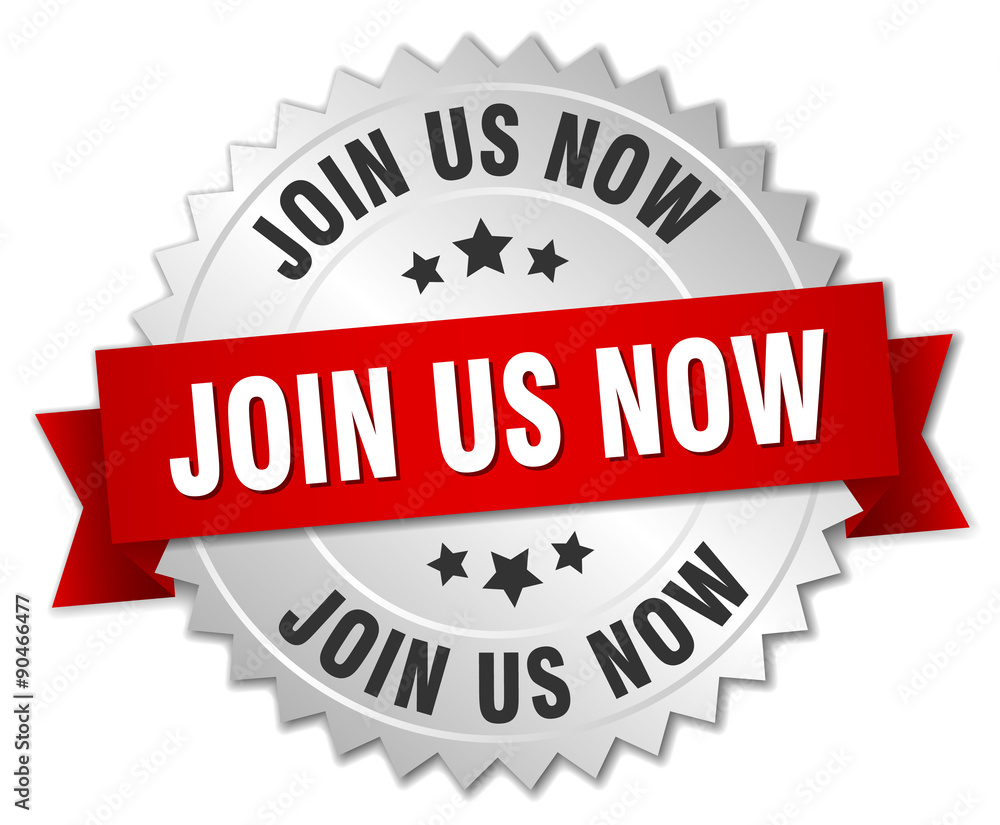 join us now 3d silver badge with red ribbon join us now 3d silver badge with red ribbon
