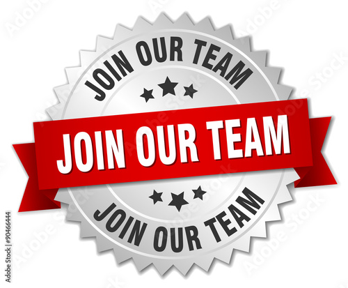 join our team 3d silver badge with red ribbon