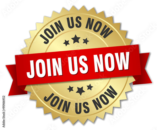 join us now 3d gold badge with red ribbon