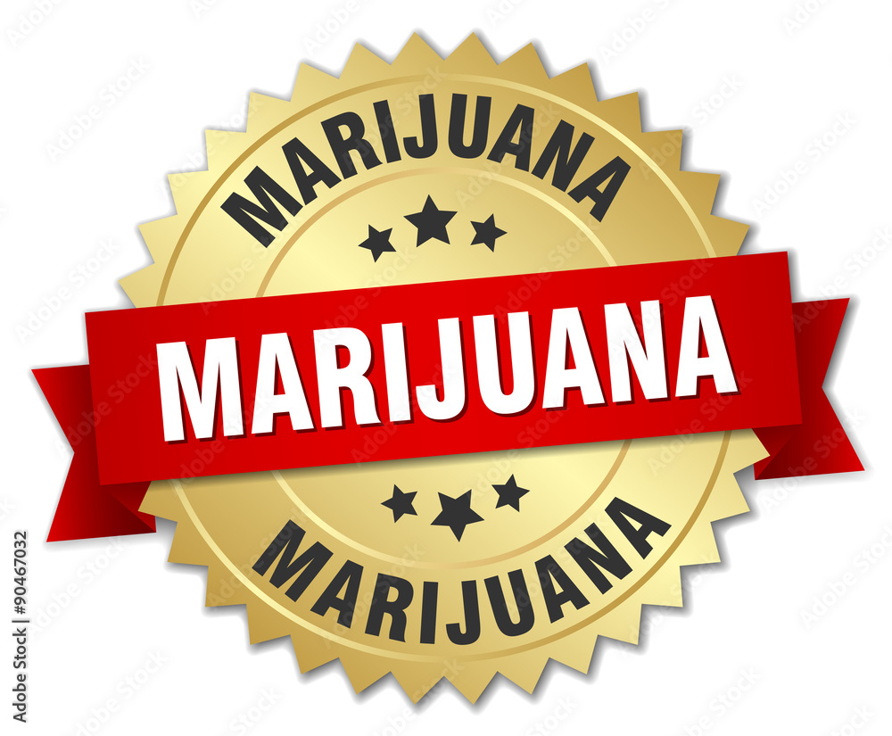 marijuana 3d gold badge with red ribbon