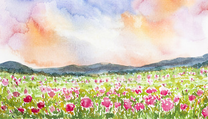 pink flower field landscape watercolor painted