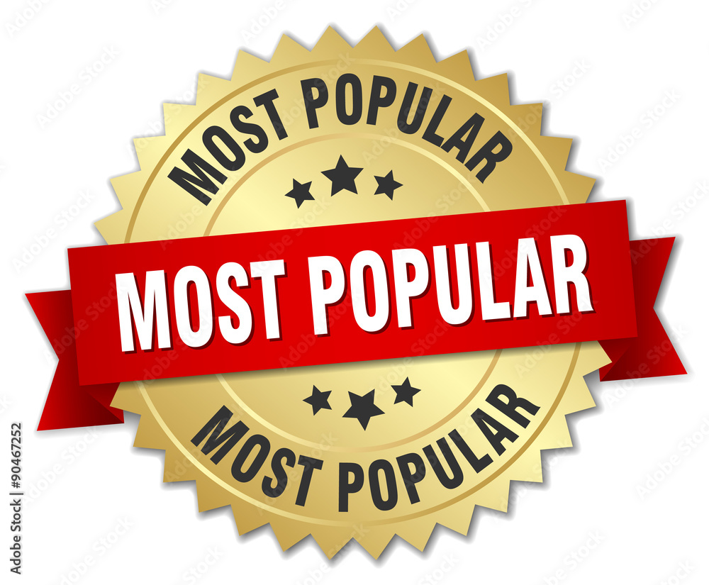 most popular 3d gold badge with red ribbon Stock Vector