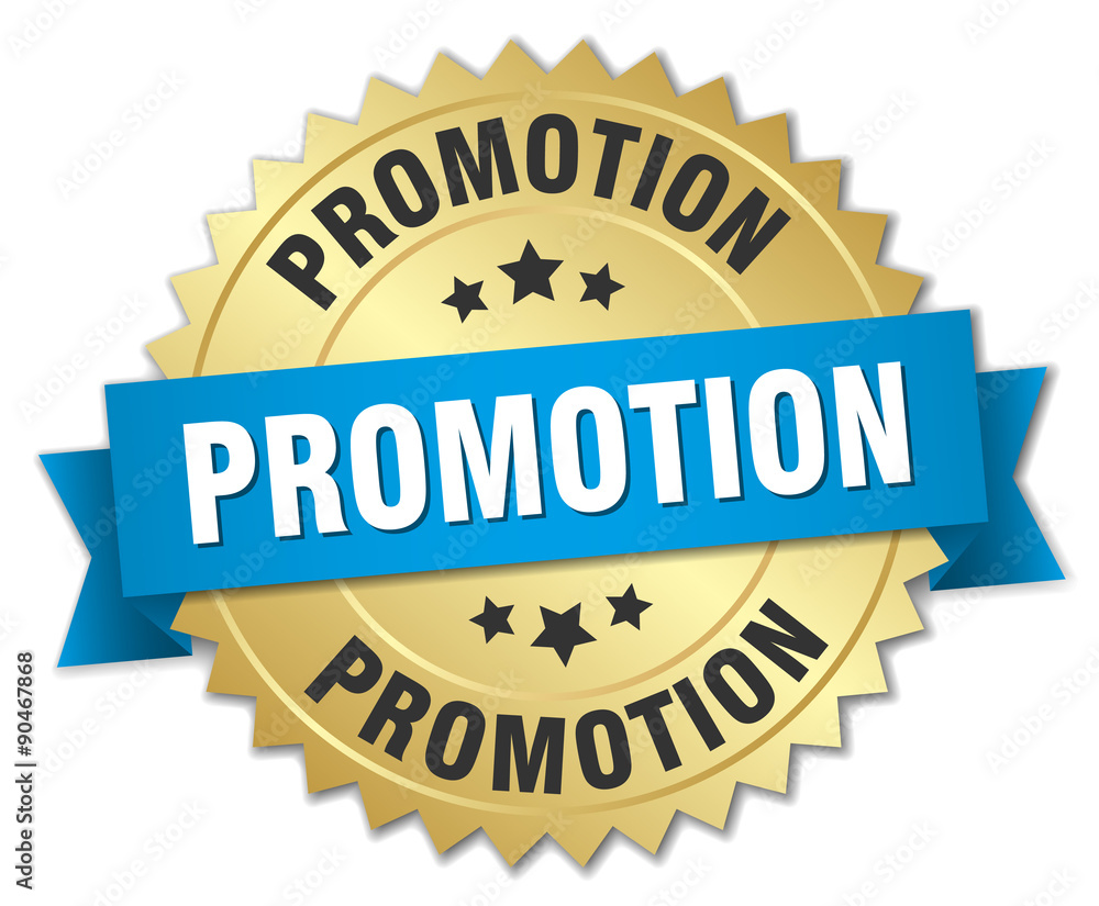 promotion 3d gold badge with blue ribbon