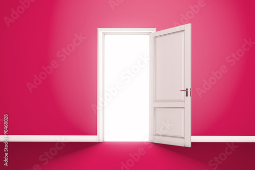 Red Open Door with Light. Interior room entrance 3D render.