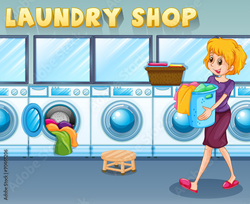 Woman carrying a basket in the laundry shop