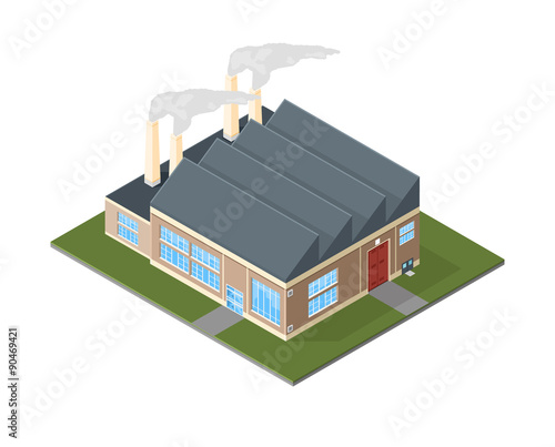 Old style factory icon illustration..
Retro isometric old fashioned factory building.