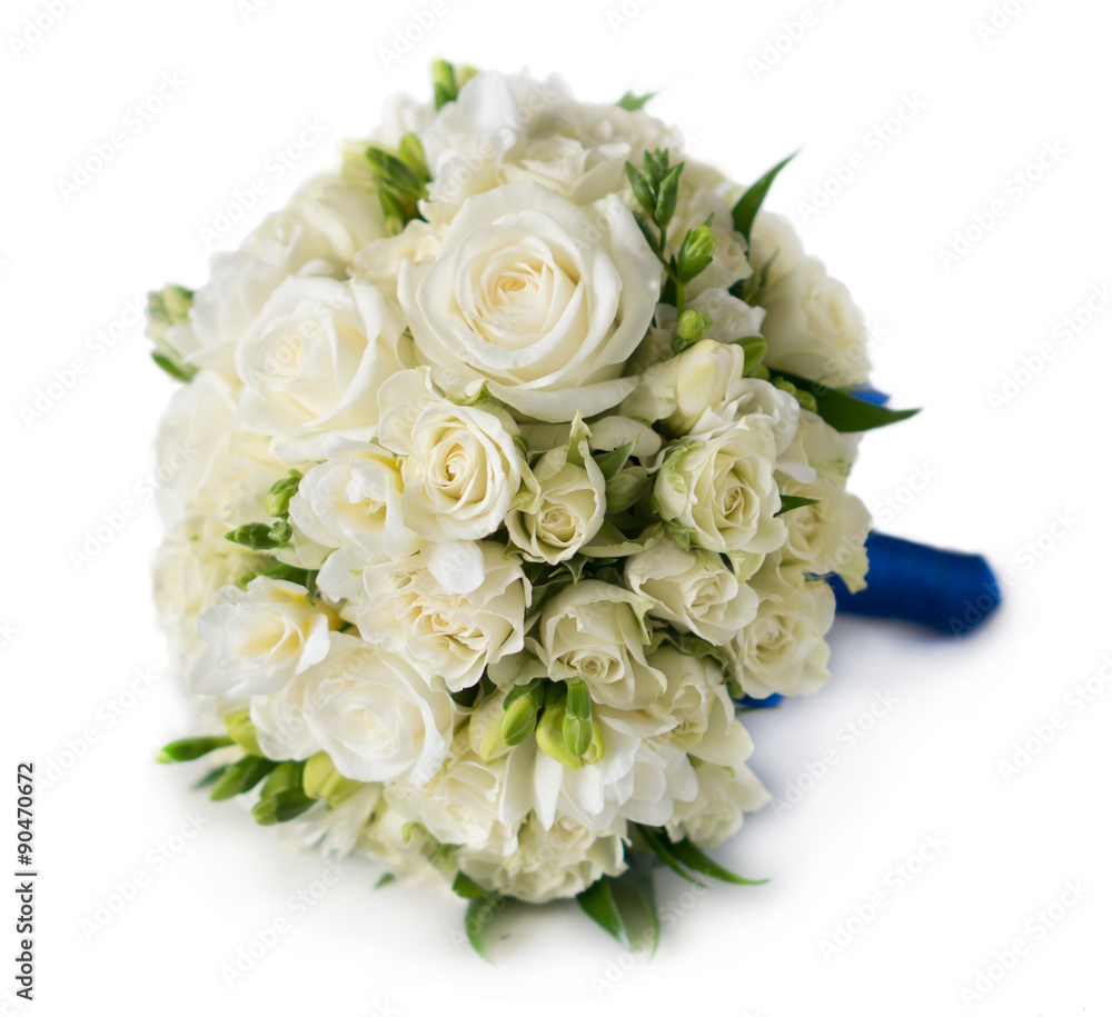 Bridal bouquet of white rose in bright colors with blue handle i