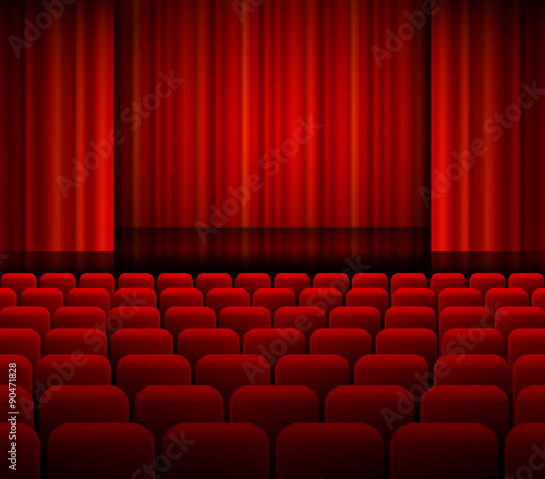 Open theater red curtains with light and seats.