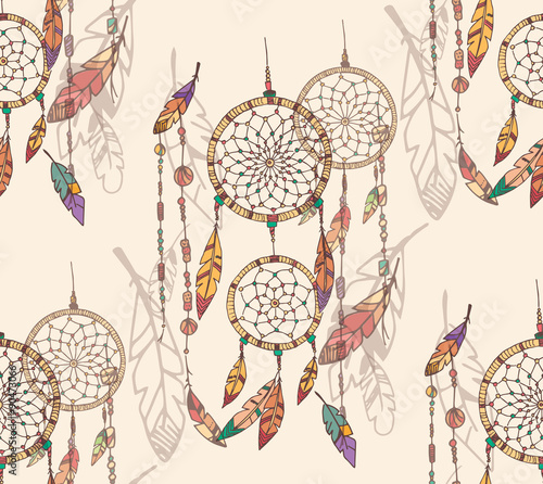 Bohemian dream catcher with beads and feathers, seamless pattern