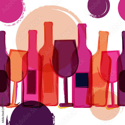 Abstract seamless vector background. Red, pink wine bottles, gla