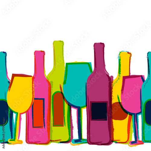 Vector watercolor seamless background, colorful wine bottles and