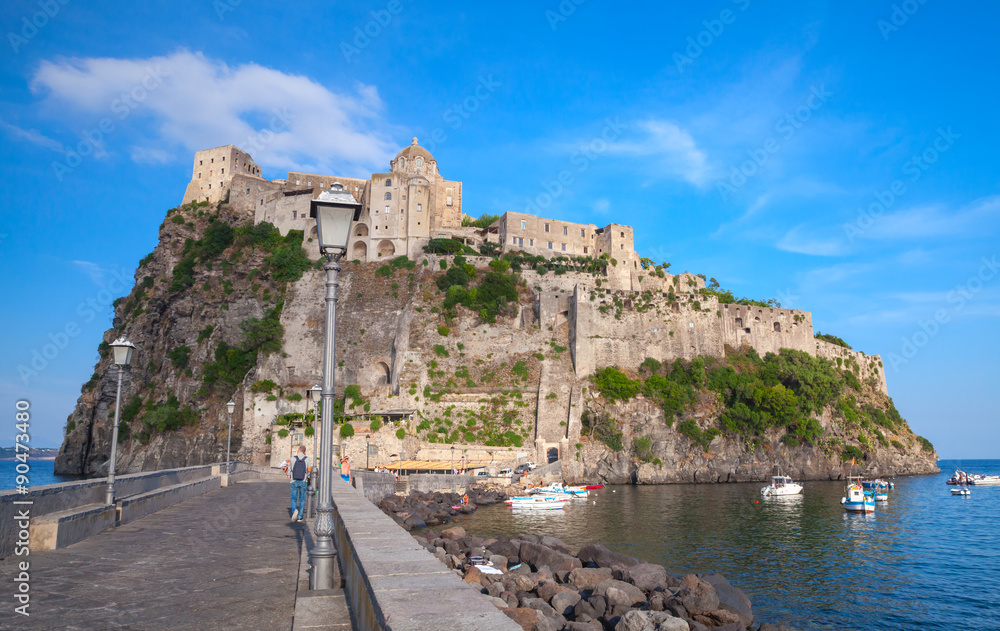 Ischia port with Aragonese Castle and road