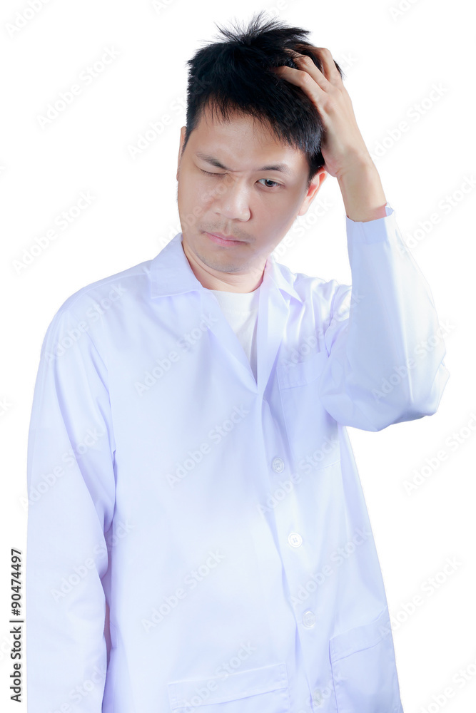 Portrait sad health care professional with headache Portrait sad health care professional with headache