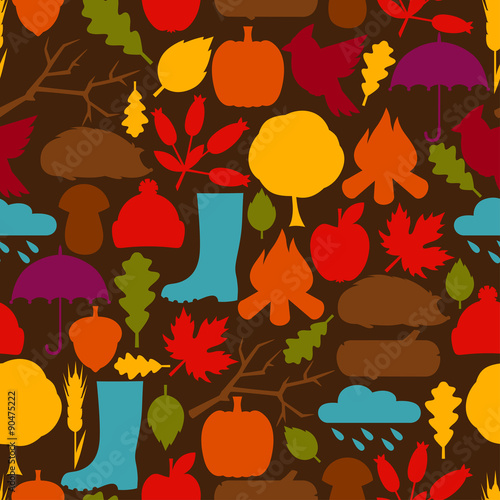 Seamless pattern with autumn icons and objects