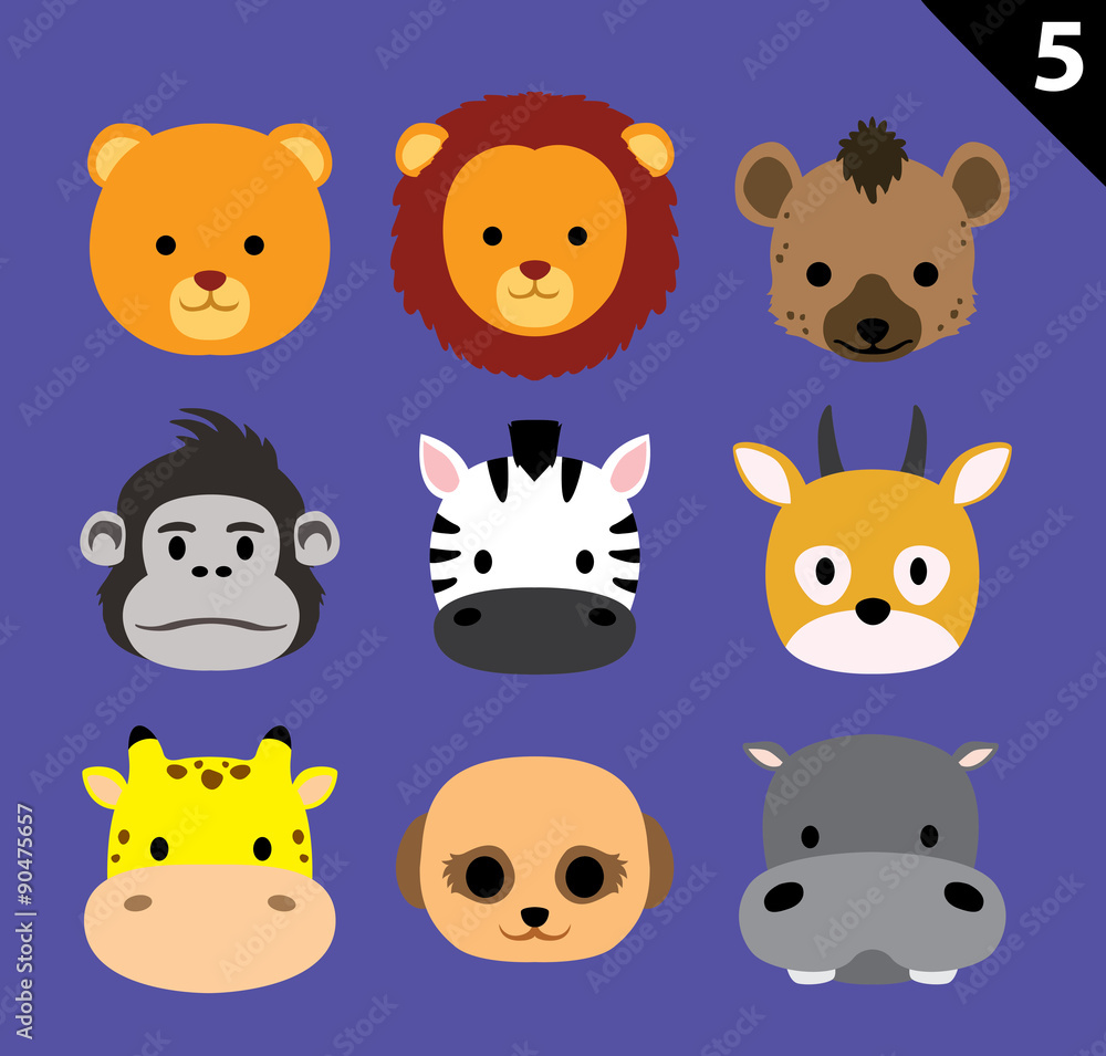Flat Animal Faces Icon Cartoon Vector Set 5 (Safari) Flat Animal Faces Icon Cartoon Vector Set 5 (Safari)