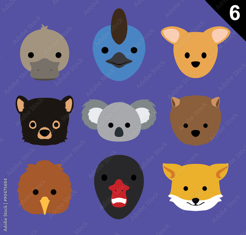 Flat Animal Faces Icon Cartoon Vector Set 6 (Australia) Flat Animal Faces Icon Cartoon Vector Set 6 (Australia)