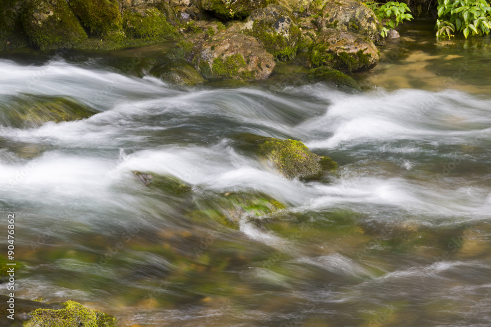 Fototapeta premium Река находится в горах Абхазии и впадает в голубое озеро. 
