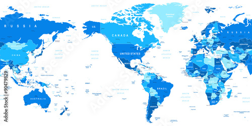 Highly detailed vector illustration of world map. Image contains land contours, country and land names, city names, water object names.