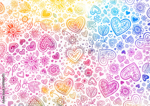 Watercolor hand painted background with hearts