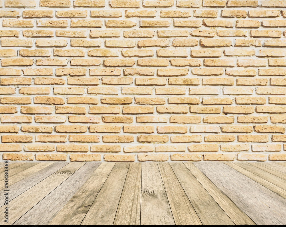 perspective wood plank floor or walk way with Brick wall background