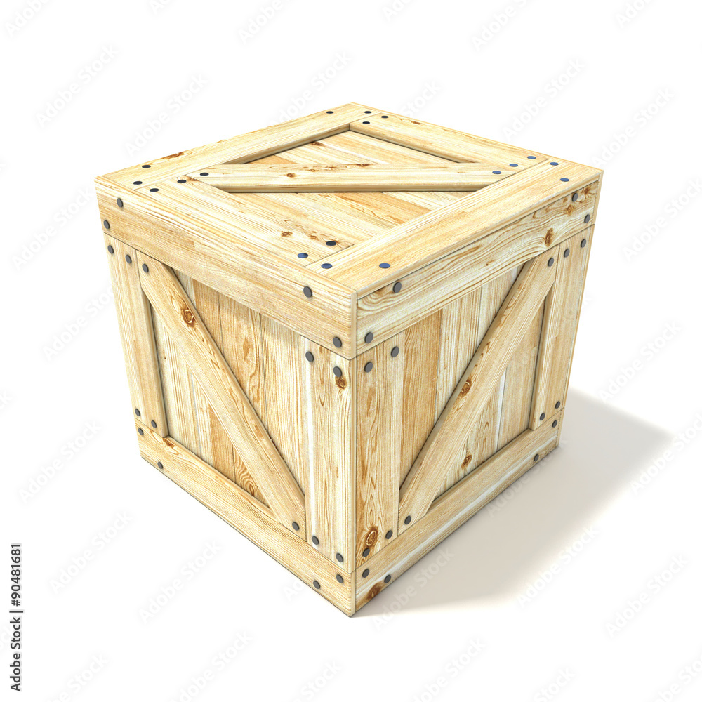 Wooden box. Side view. 3D render illustration isolated on a white background Wooden box. Side view. 3D render illustration isolated on a white background