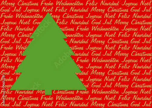 Grüner Tannenbaum auf rotem Hintergrund mit Weihnachtsgrüßen in fünf Sprachen in goldener Schrift im Querformat