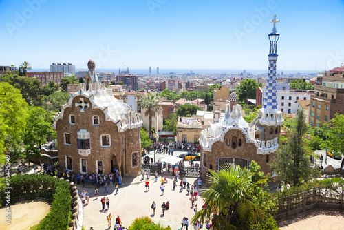 Ceramic mosaic Park Guell - the famous architectural town art designed by Antoni Gaudi and built in the years 1900 to 1914