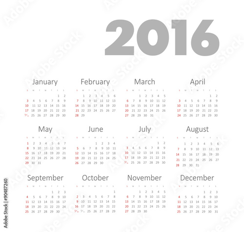 Simple 2016 year vector calendar