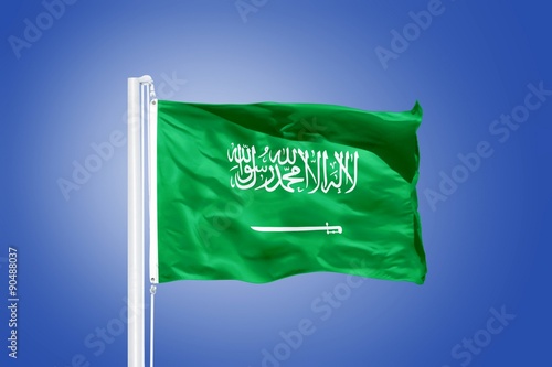 Flag of Saudi Arabia flying against a blue sky