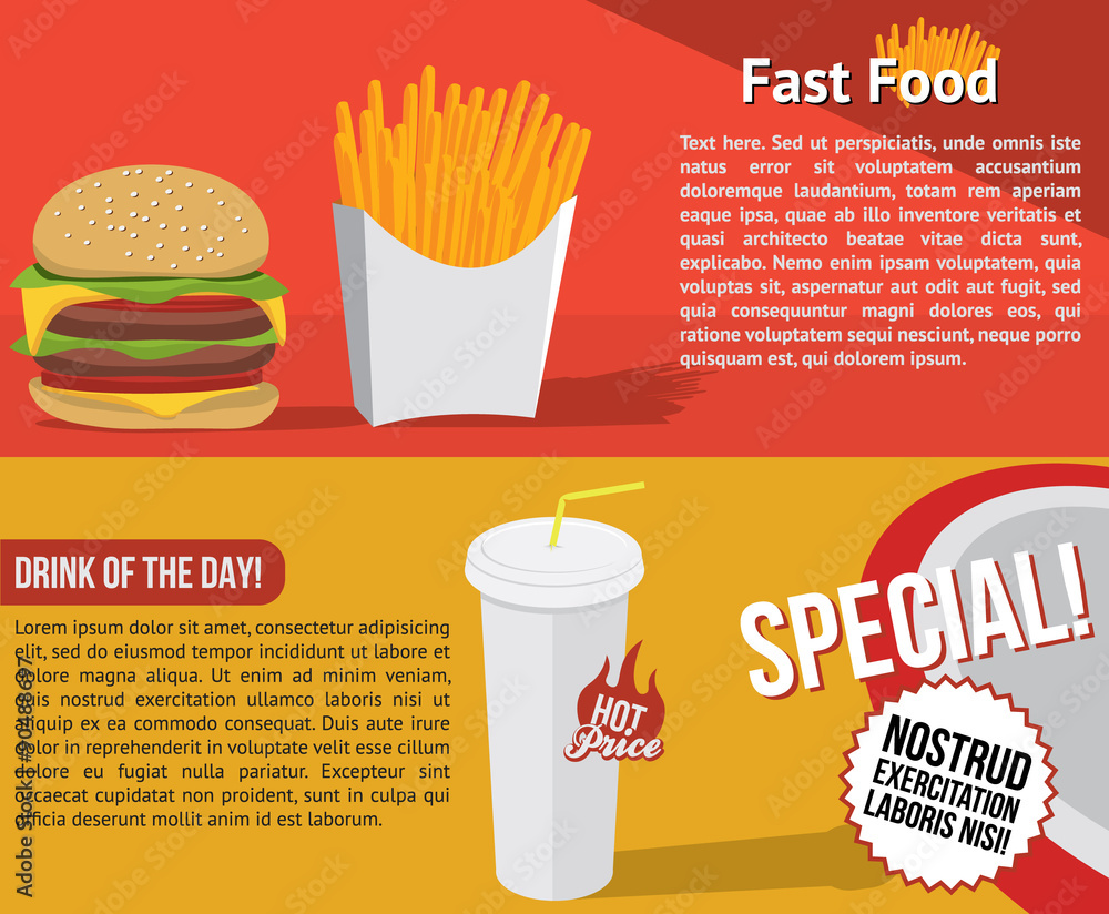 Fast food flat banner with hamburger, chipped potatoes, fizzy water and place for your text. Vector.