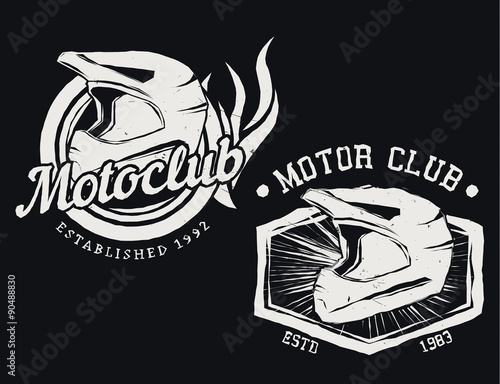 Vintage motor club motocycle labels, badges with moto slam, vector illustration