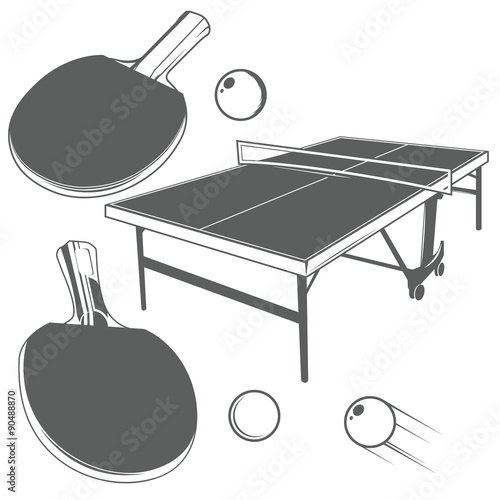 Set of ping pong monochrome design elements in vintage style: ping pong table, ping pong racket, ping-pong small ball.