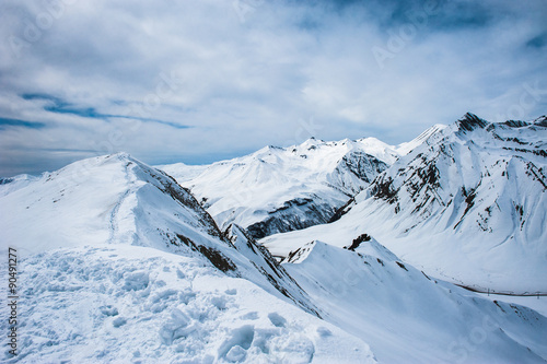 Winter snowy mountains. Caucasus Mountains, Georgia, Gudauri.