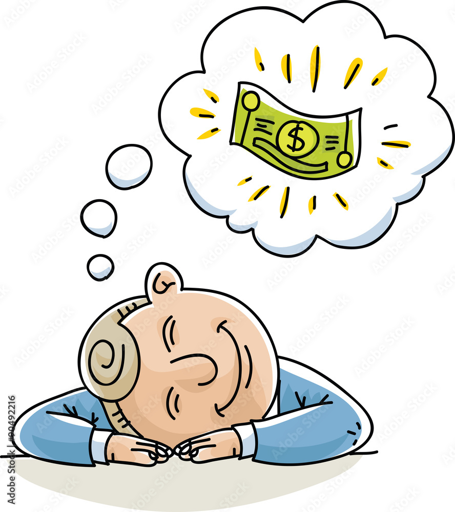 A cartoon businessman naps and daydreams about cash money. A cartoon businessman naps and daydreams about cash money.