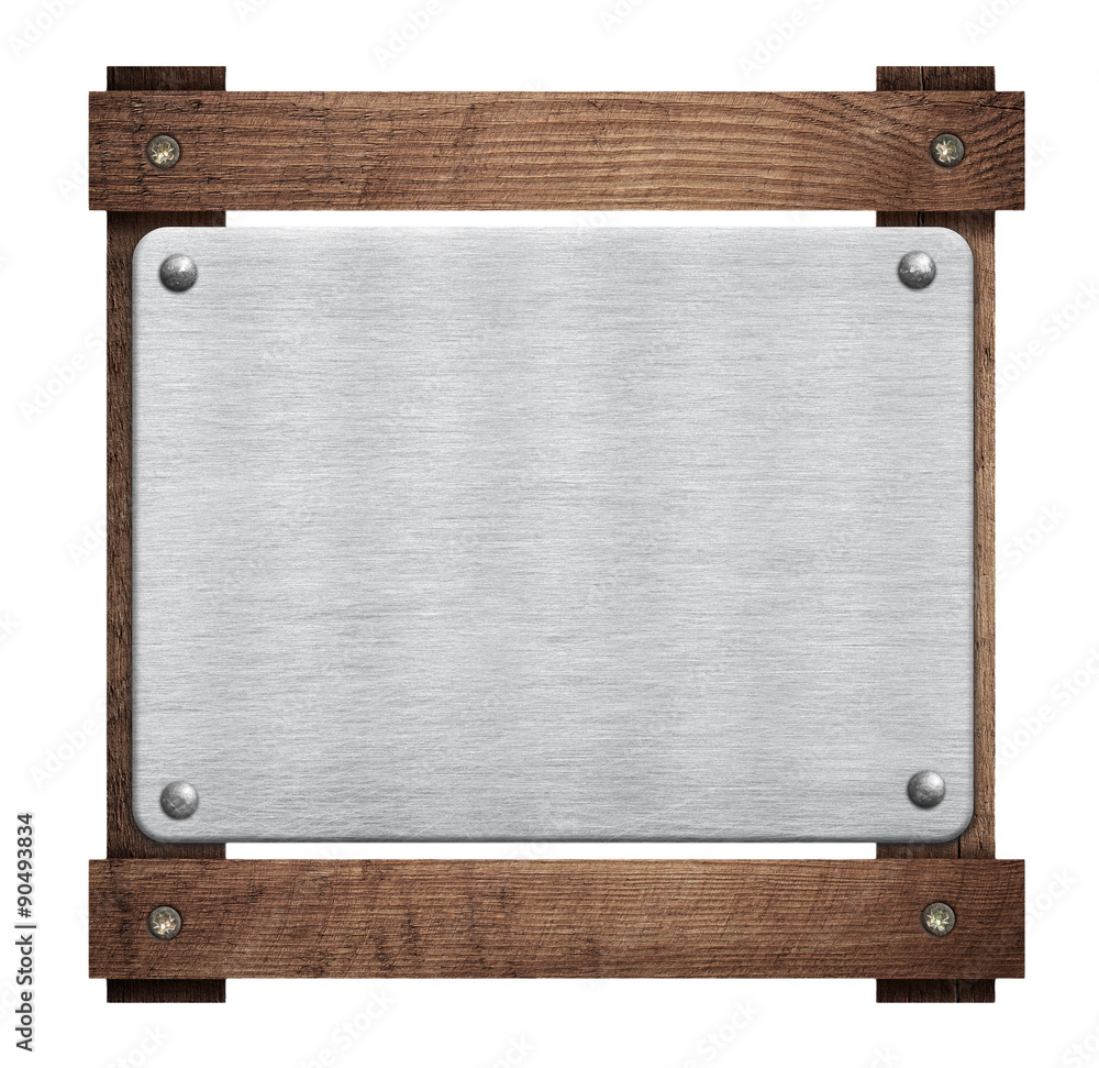 Composition of metal aluminum plaque, name plate on wooden frame Composition of metal aluminum plaque, name plate on wooden frame