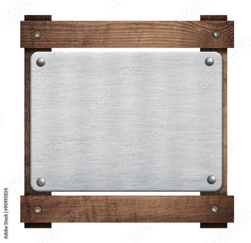 Composition of metal aluminum plaque, name plate on wooden frame