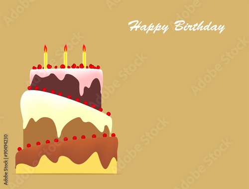 Birthday cake with three candles and topping on gold background