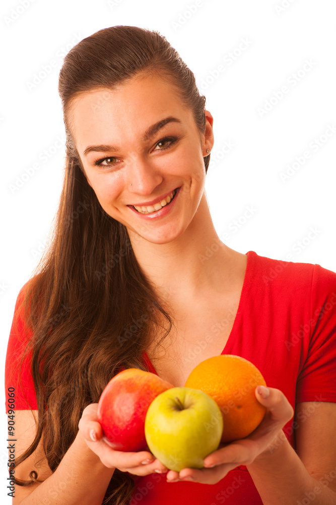 Beautiful happy asian caucasian woman in red t shirt holding app Beautiful happy asian caucasian woman in red t shirt holding app