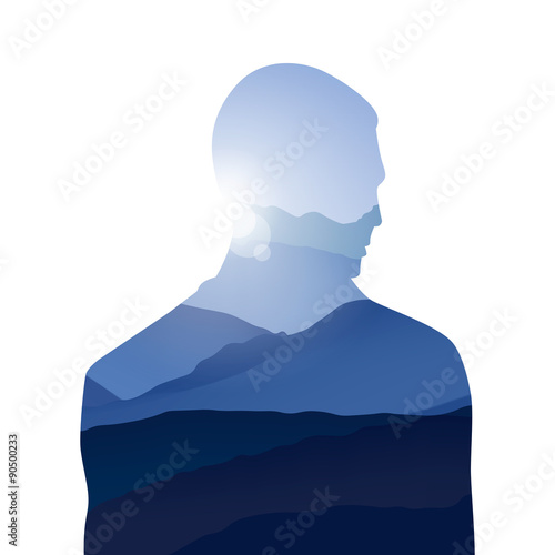 Double exposure man and sky with mountains