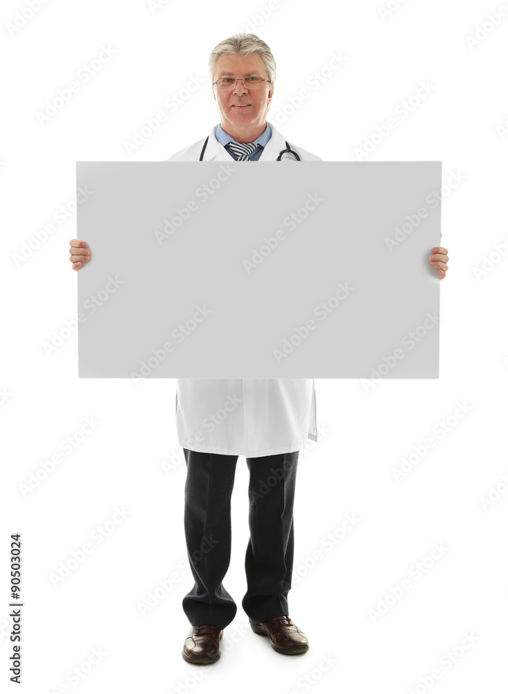 Doctor holding blank card board isolated on white Doctor holding blank card board isolated on white