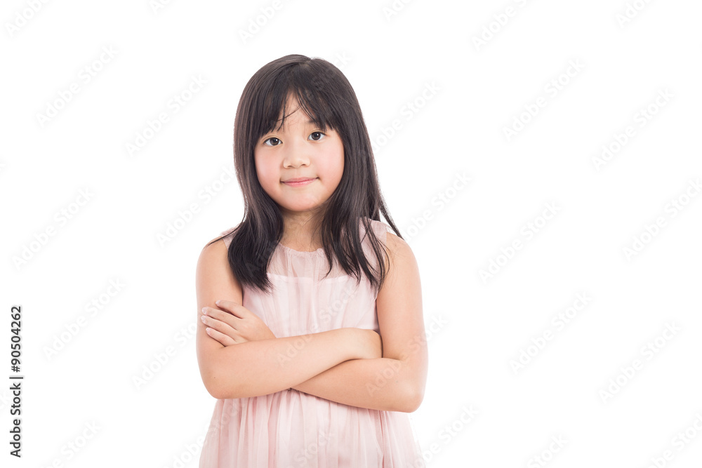 portrait of a little asian girl standing with folded hands over portrait of a little asian girl standing with folded hands over