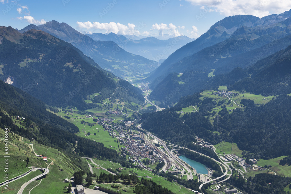 beautiful aerial panorama of switzerland with city and mountains