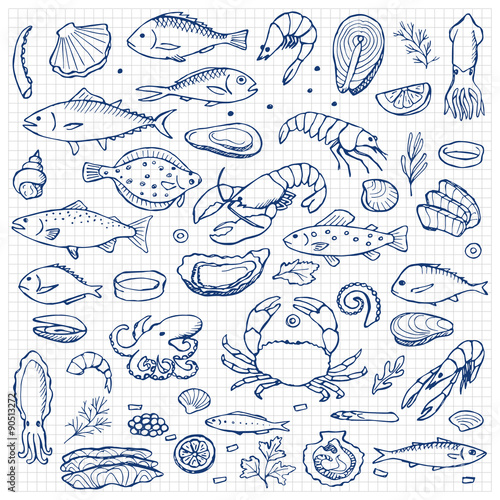 Seafood hand drawn doodle elements