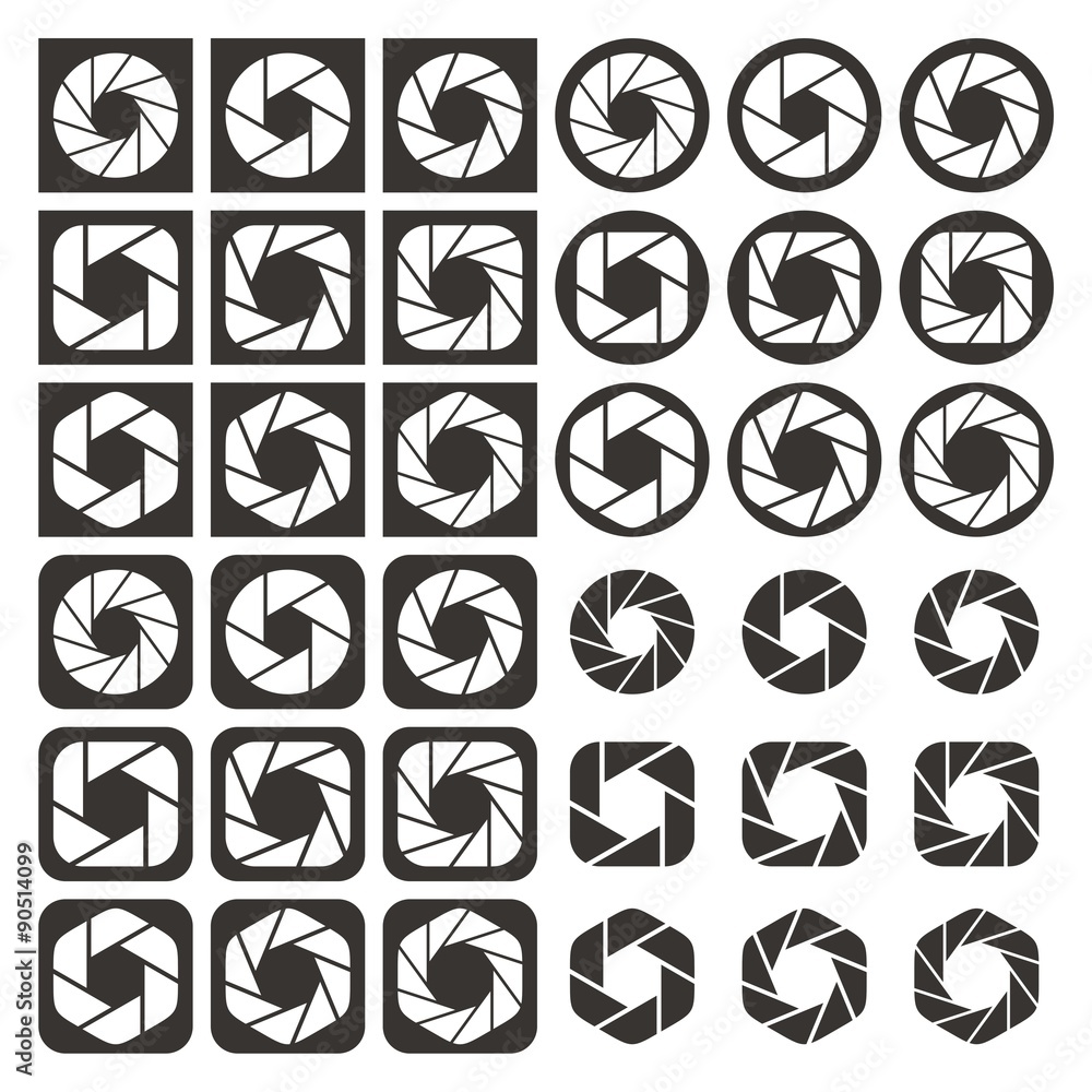 Lens Camera Icons Silhouette. camera shutter apertures icon set on a