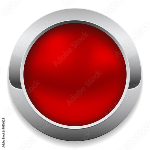 Round red button with metal border on white background