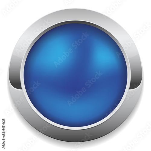 Round blue button with metal border on white background