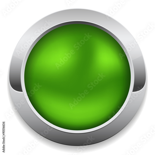 Round green button with metal border on white background