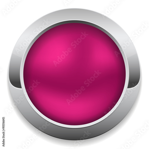 Round purple button with metal border on white background