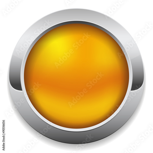 Round yellow button with metal border on white background